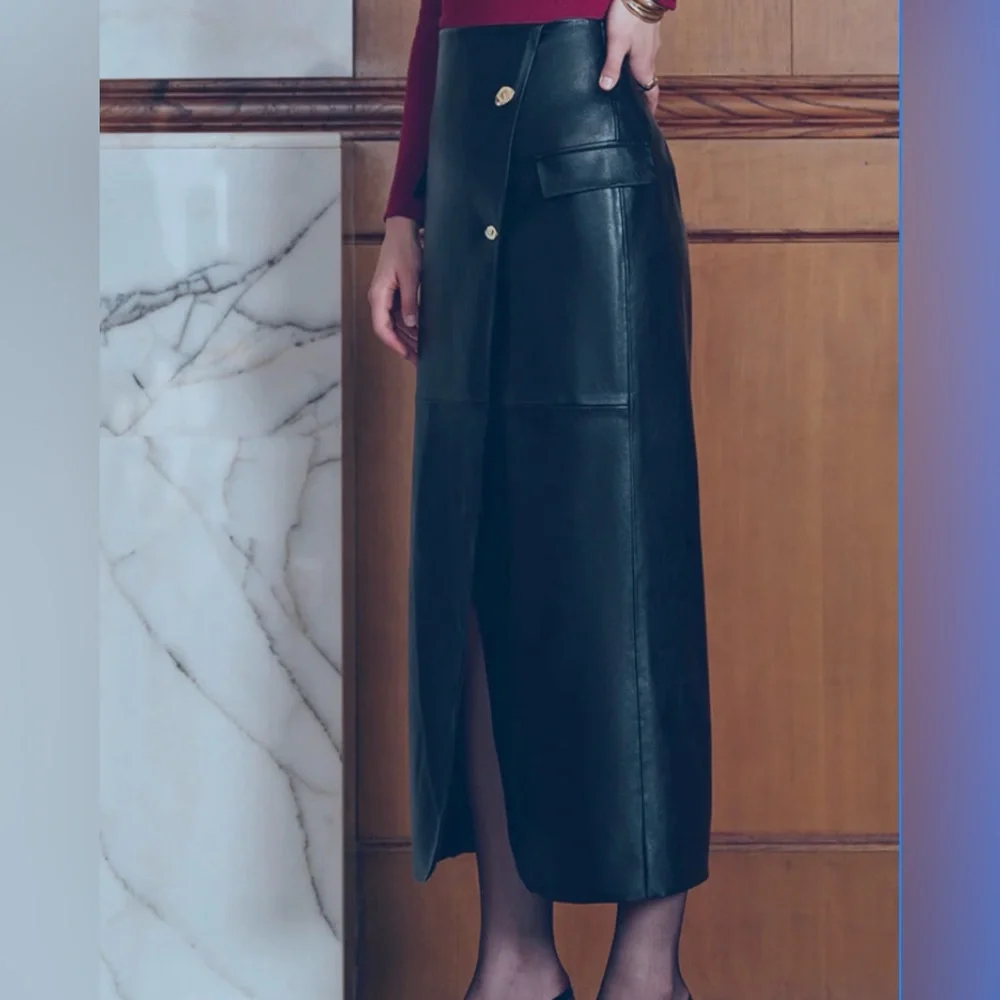 NWT Commense Black PU Leather Buttoned Straight Maxi Skirt - Sz L